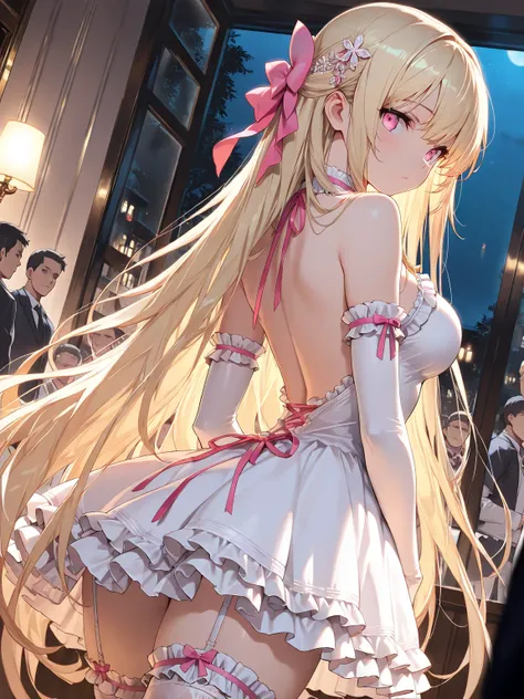 (masterpiece, best quality, extremely detailed), 
1girl, blonde hair, very long hair, pink eyes, backless dress, frilled dress, white dress, short dress, garter straps, elbow gloves, frilled thighhighs, pink ribbon, hair bow, hair ornament, three quarter v...