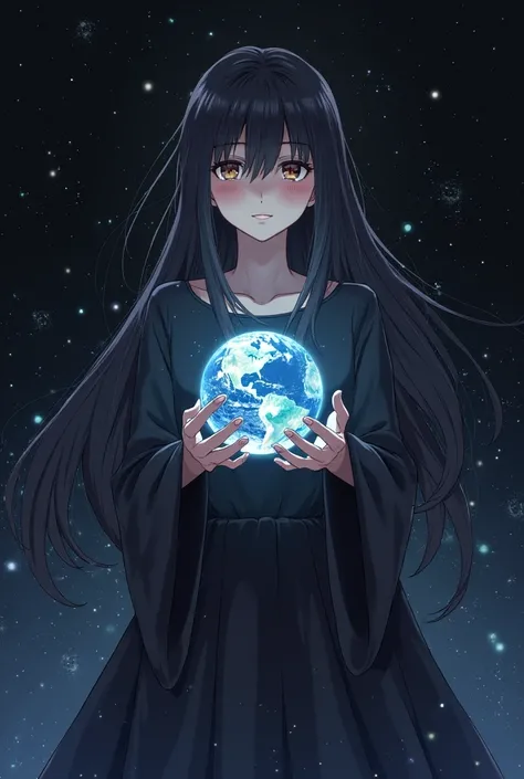 anime girl with long black hair, wearing a dark, flowing dress, gently holding or touching the Earth in her hands. The Earth is glowing softly, surrounded by an ethereal light. Her expression is calm yet powerful, hinting at her otherworldly nature. The ba...