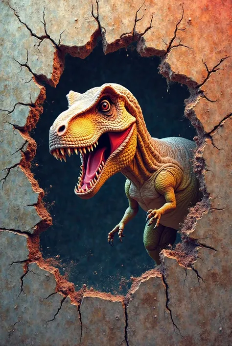 3D Dinosaur cracked wall in out in front Sublimation Design, T-Rex Colorful Design, 3d Hole in front