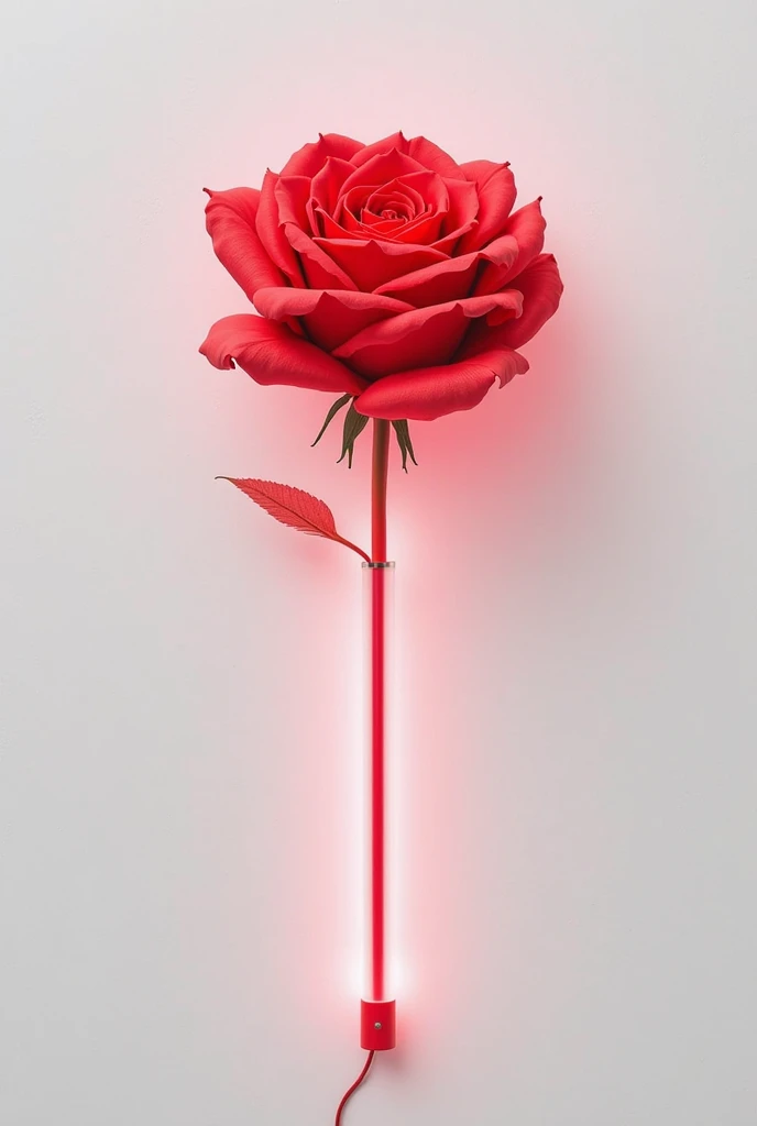 Creat a kpop group light stick, background whilte, the lightstick should be a rose(real rose), make it little red glow, make it more realastic, background should be white and blank, the rose should be realastic, also add the name where we hold lightstick f...