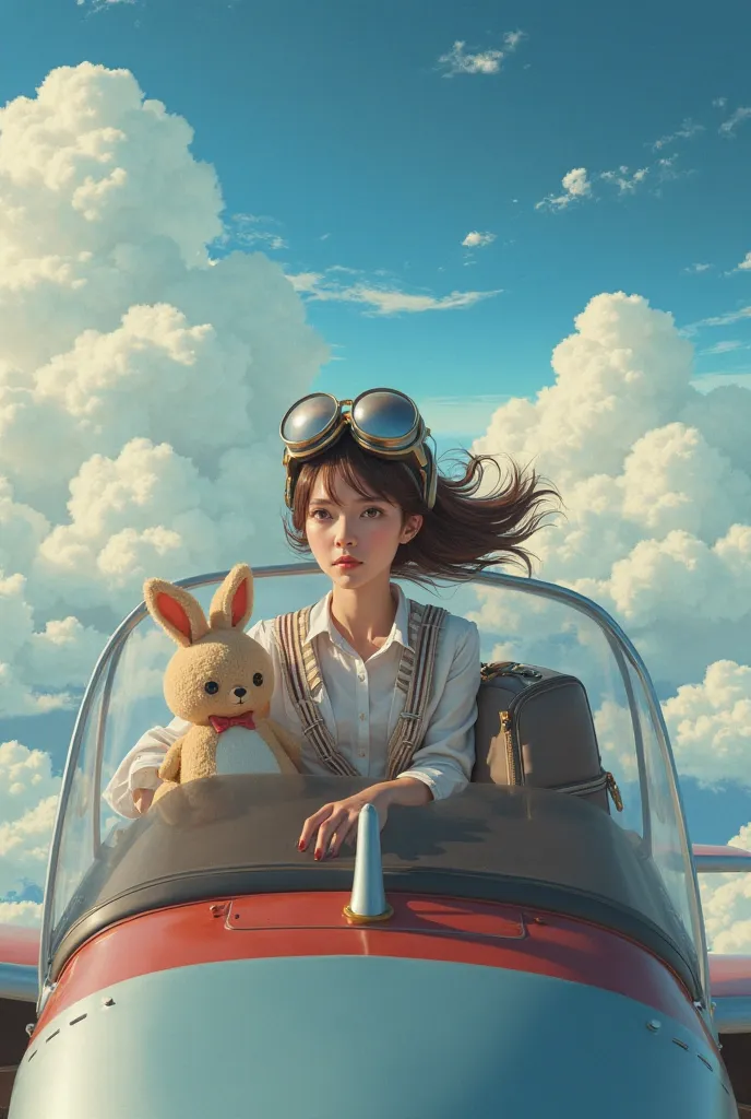 Flying her plain by herself. The rabbit is a doll in her hand. And the suitcase more modern 