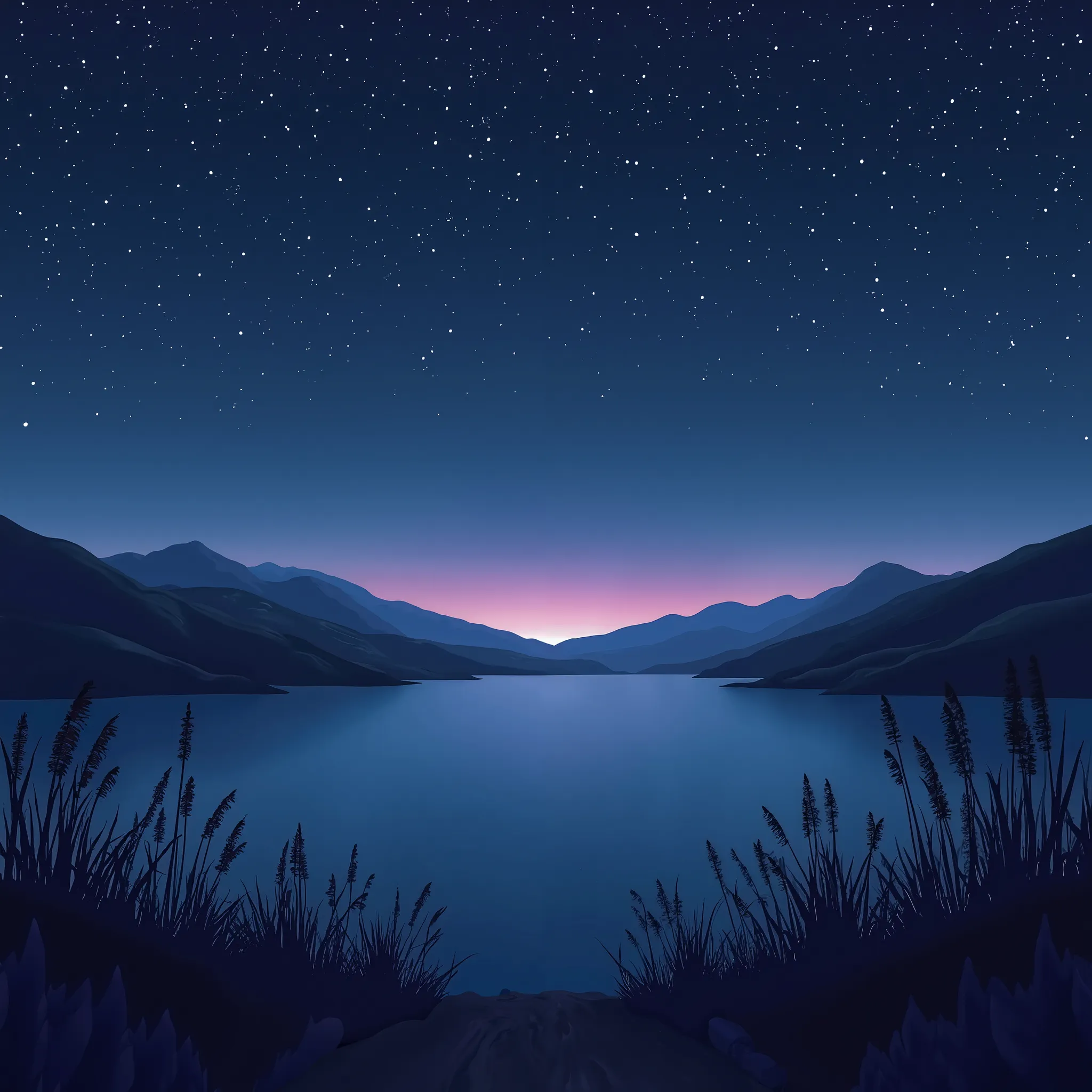 A tranquil night scene with a starry sky, featuring faint traces of the Milky Way. The horizon glows softly with a subtle purple and blue gradient, creating a serene ambiance. A calm lake reflects the starlight, surrounded by silhouettes of gentle hills an...