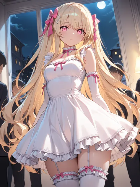 (masterpiece, best quality, extremely detailed), 
1girl, blonde hair, very long hair, pink eyes, dress, frilled dress, white dress, short dress, garter straps, elbow gloves, frilled thighhighs, pink ribbon, hair bow, hair ornament, three quarter view, look...