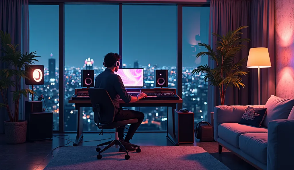 Music Lab,Room Dimensions , night, Ordenador ,  keyboard, headphones,  Monitor Speaker, , Fondo, Sofa, , night空, nightの街, absurd,  , Super sharp, 8k, masterpiece