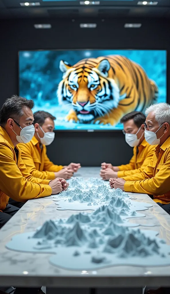 in a modern meeting room, with state-of-the-art equipment and LCD screens. Four men of different ages, wearing uniforms of yellow leather jackets, black jeans, and white N95 medical masks, were sitting attentively looking at a vivid 3D model map with snowy...