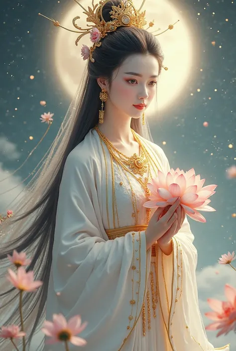 (masterpiece,Highest quality,,8k,close up,front view, view,High resolution),One Guan yin Goddess,,Beautiful Face,Beautiful Face,intricate very  bright white flowing hanfu with gold edge,gold  jewelry,Beautiful eyes,Beautiful lips,princess,dewey skin,Compas...