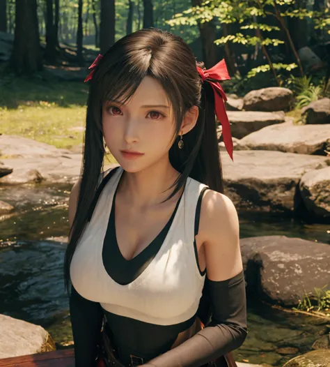 FF7 Remake Tifa Lockhart、1 girl, solo, TOP QUALITY, Ultra Fine, big breasts, beautiful pretty red eyes, earrings, forest spring background、 upper body only、look at cleavage, Smooth beautiful lips、I'll brush up my back hair、 ribbon hair accessory, Turn your...