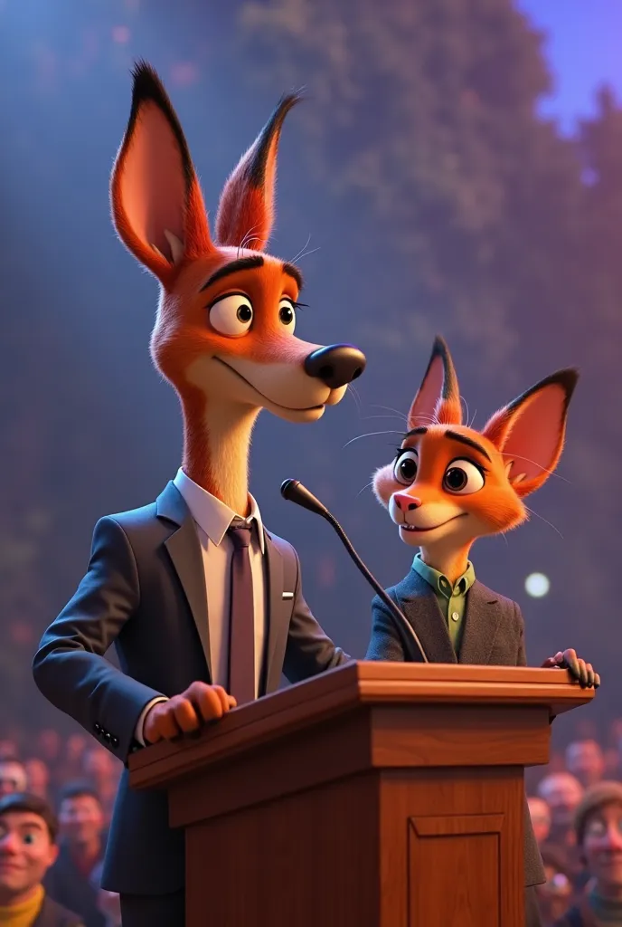 arafed dog with 3animated cat  in a suit standing at a podium in front of a crowd, 3 d animated movie, animated film, animated movie still, animated movie scene, animated movie, anthropomorphic dog cleaning, as a claymation character, zootopia 2, in zootop...