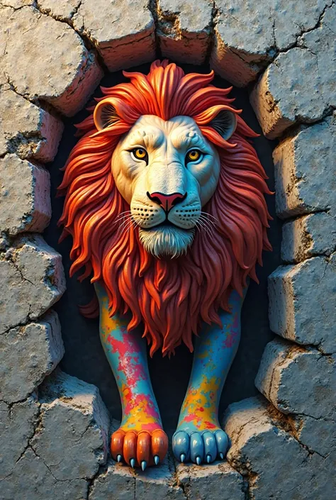 3D lion cracked wall in out in front Sublimation Design, lion Colorful Design, 3d Hole in front
