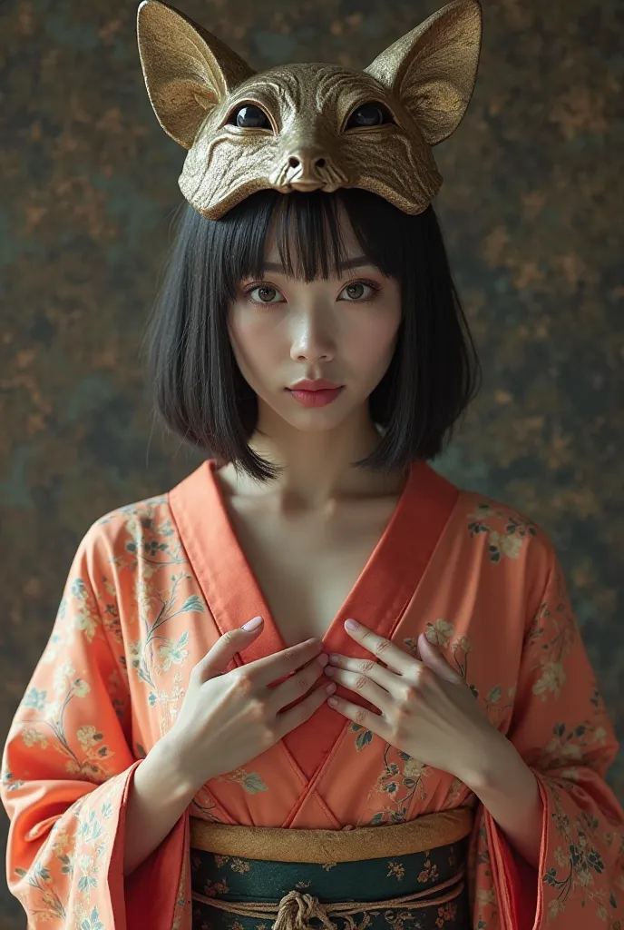 A high-resolution photo of a Japanese woman,  photo realistic , masterpiece, Amazing Quality,  intricate details , professional lighting, Metal fox mask, Full body standing pose, Short black straight hair,  detail capacity, Fine Eyes, (Hands raised flat ),...