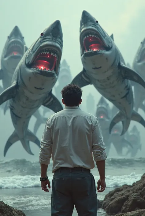 He is surprised by the arrival of an army of robotic sharks who will take revenge 