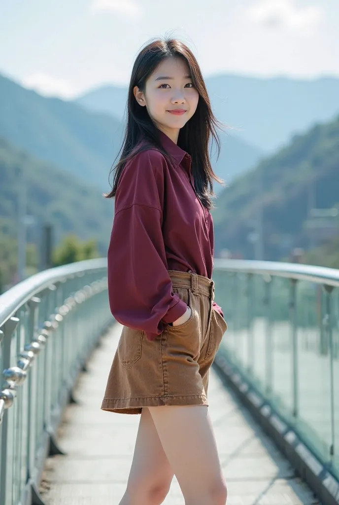 a beautiful young Korean girl with white skin natural white face smiling facing towards the camera with straight hair bushy hair ends of blackbright yellow shiny color wearing a shirt a maroon color shirt wearing a skirt Jumper jeans short knee-length brow...