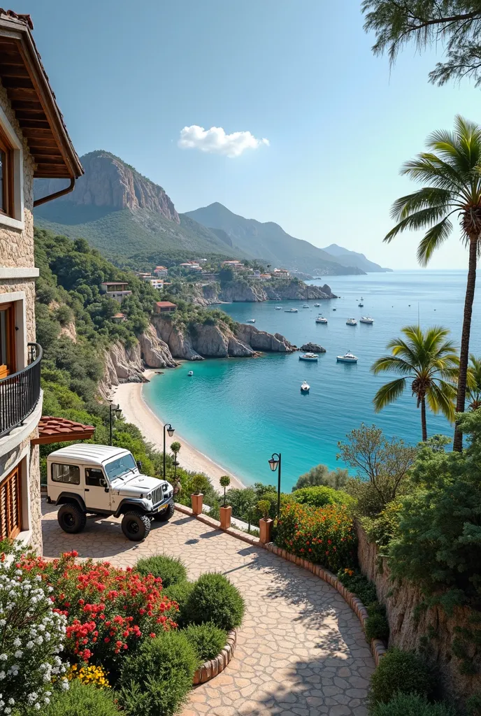 a house view of mountain, bay, sand, beach, marina, yachts, and a garden. perfect sea color, a jeep in front , garden of colorful flowers and trees. mountain are sandy not green. no palms or garden around.