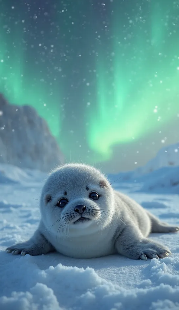 A single baby seal, background is the aurora in Antarctica, realistic, photorealistic. Image is vibrantly colored. Highly detailed photo.