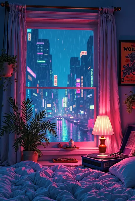 A night scene in a cozy bedroom, illuminated by neon lights in shades of pink, blue and purple, creating a nostalgic and dreamy atmosphere. A window reveals an open futuristic city under the soft rain, with colorful reflections flashing on wet streets.  in...