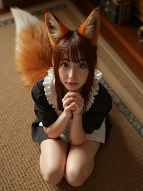 (( top quality made of straw , 8k)), ((Girl with straight brown hair)), (( Photorealistic)), ( masterpiece), Perfect Face Observed from the Ceiling , ((Woman with fox ears )), ((That woman has a fox tail )), foxgirl, (Her tail is big  ), ( That beautiful w...