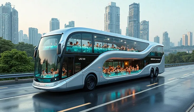 "A futuristic luxury double-decker bus driving on a highway with a transparent swimming pool on the roof, filled with people enjoying the water. The bus has a sleek, modern design with a metallic silver exterior, large curved glass windows, and LED lights....