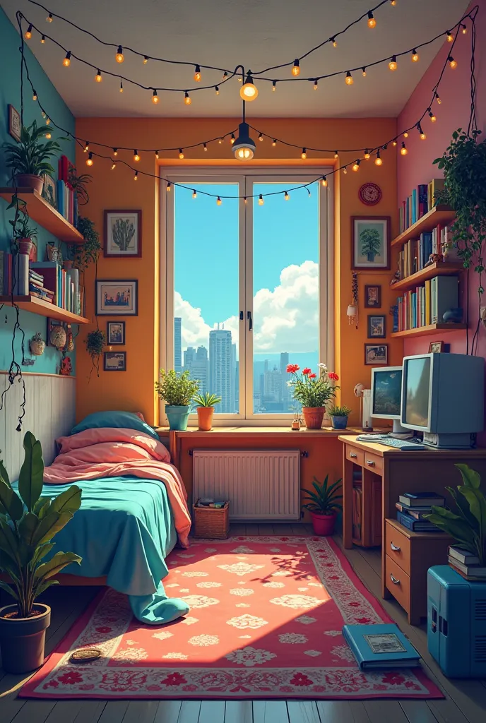 Small、cozy、draw a simple 2D animated art scene of a messy bedroom。fairy lights are in a 14-story building、have colorful walls。 , flowers in pots, Books on shelves, computer systems,  carpet, have 1 light bulb hanging , Late Night,  cloudy sky  , brightly c...