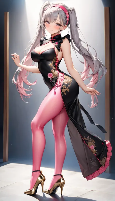 （Light Blue Twin Tail Hair、bangs、 sideburns are long）（Height: 160cm、 Sexy Body ）(Latex material(The white and pink headband is frilly embellished、cute black sleeveless Chinese dress with ruffles on the shoulders、The edge of the Chinese dress is gold、Delica...