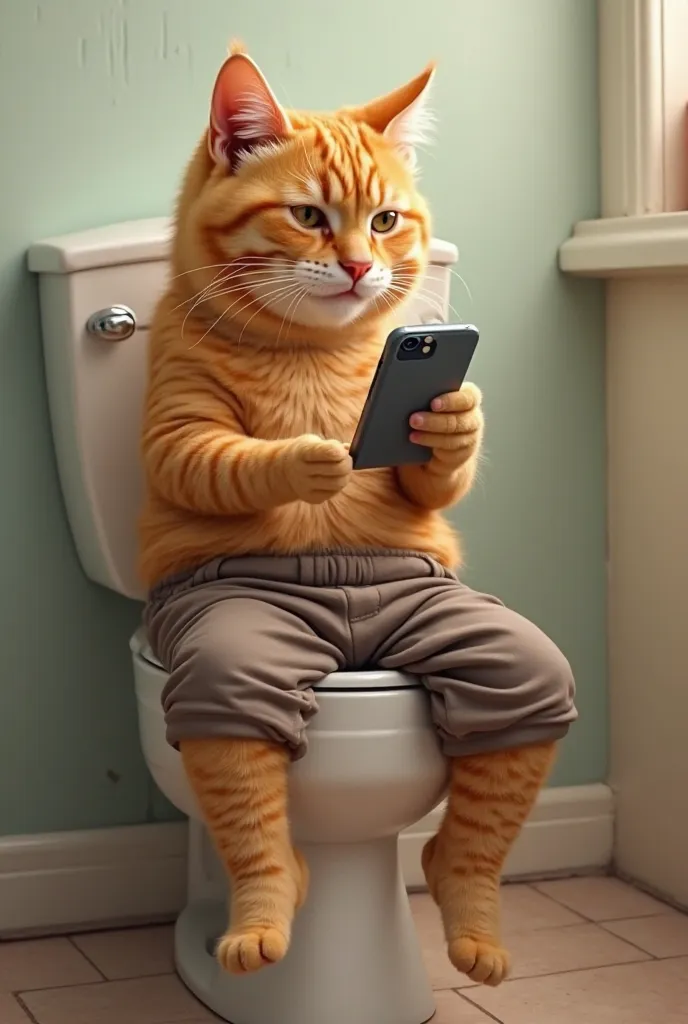 On the commode of the toilet, an orange cat, with his clothes on, his pants half off.Look at the phone