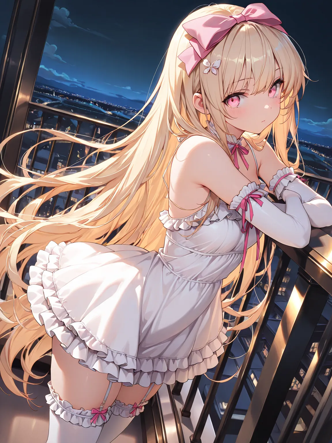 (masterpiece, best quality, extremely detailed), 
1girl, blonde hair, very long hair, pink eyes, dress, frilled dress, white dress, short dress, garter straps, elbow gloves, frilled thighhighs, pink ribbon, hair bow, hair ornament, three quarter view, look...