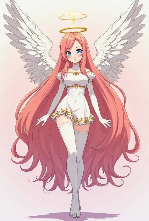 Sayori from the video game Doki Doki Literature Club in angelic version, dressed in an angel outfit with two large angel wings on the back, an oreol on top of her head, extremely long coral pink hair almost reaching her feet, blue eyes and enormous F cup s...