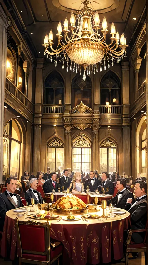 A luxurious banquet scene in a grand hall. Wealthy politicians in extravagant suits and dresses enjoying fine dining with golden tableware, unlimited gourmet food, and expensive wine. A massive chandelier glows warmly above them. In contrast, outside the g...