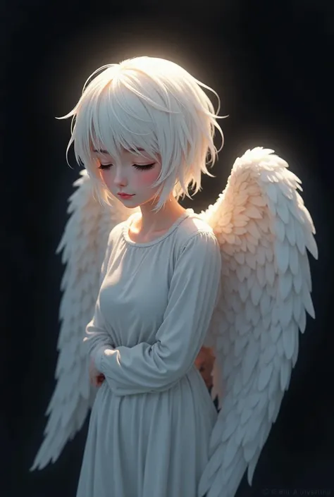 A serene anime-style angel, Engel, stands prominently against a dark Schwarzer black background, contrasting beautifully with its pure Weißer white feathers and gentle glow. The angel's delicate facial features are soft and peaceful, with subtle hints of s...