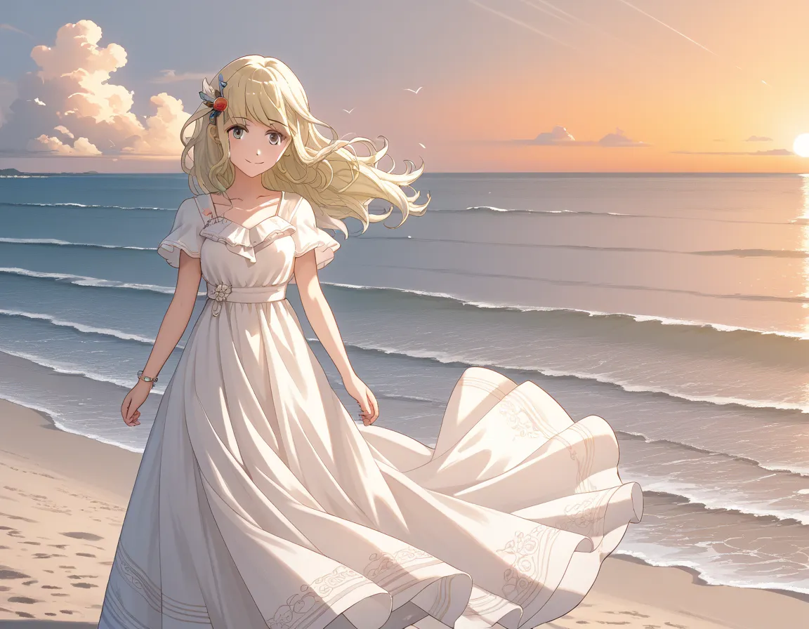 score_9, score_8_consolation, score_7_consolation, score_6_consolation, 1 female, Shiori , Blonde, Epolite , hair ornament , beach, wind, summer dress,  white dress , long dress, Sunset,  light smile in lyrics
