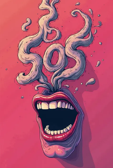 This image features a pink, red and purple background with a stylized, surreal illustration. The artwork depicts a mouth with clenched teeth, which appears to be exhaling or transforming into swirling, smoke-like shapes (numbers 505). The smoke is designed...