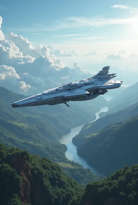 The new white&blue Valchiria Class UC Freja, hovering above Earth-like planet landscape with its 
 antigravitational system.