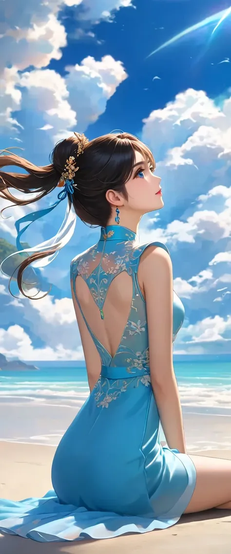 SFW, Greatest Masterpiece、TOP QUALITY、8k,Wore Ao Dai(Viera族of女性)of(( back view)), Transparent to come on, ((, 深い胸of谷間、))、(((sitting on a beach))), (((青空に浮かぶ一つだけof白い雲, I'm looking at the blue sky))), (((Composition looking up at the sky from below)))