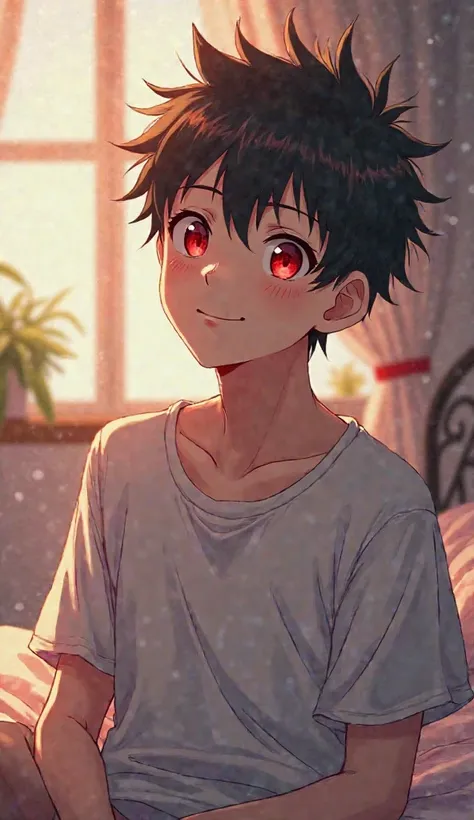 HD, Spiked Hair, Red Eyes, Closed Mouth, Happy, Bedroom, Reflection Light, Anime, Anime Style, Man, Full Body Man