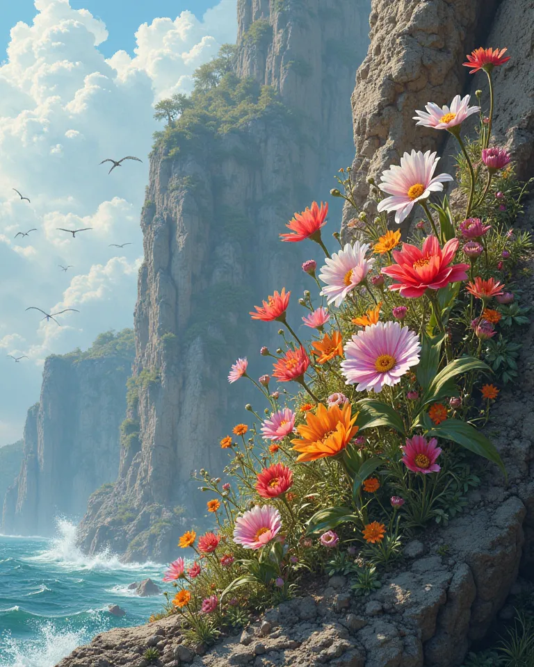 Flowers grow on the cliff, defying the strong light and strong wind.