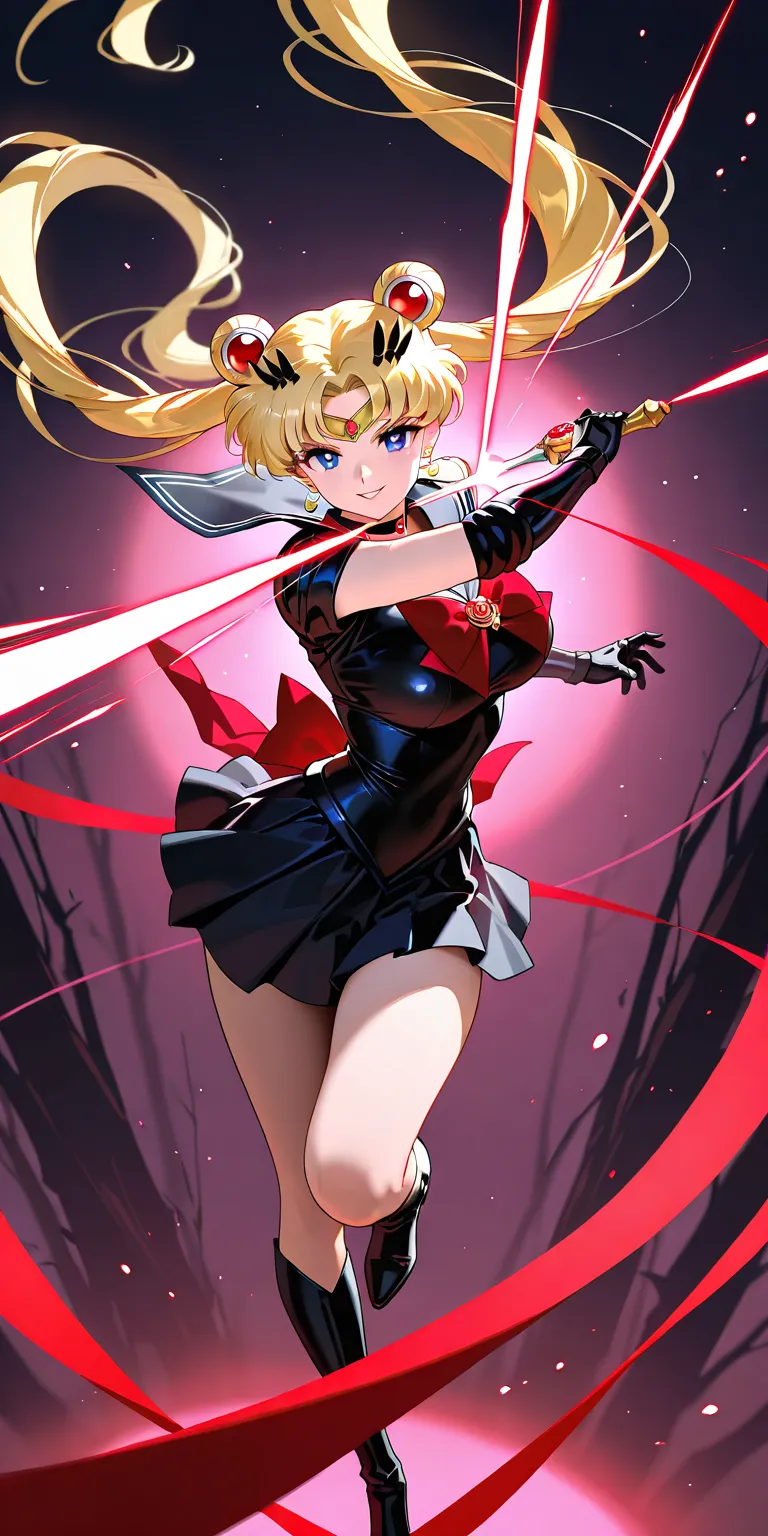 Masterpiece, elegant mature woman, sailor moon\(sailor moon\), tall body, big breast, sailor senshi uniform (black uniform shirt, black uniform gauntlets, black uniform skirt, red ribbon on the hips, black uniform high boots), full body, parted lips, smile...