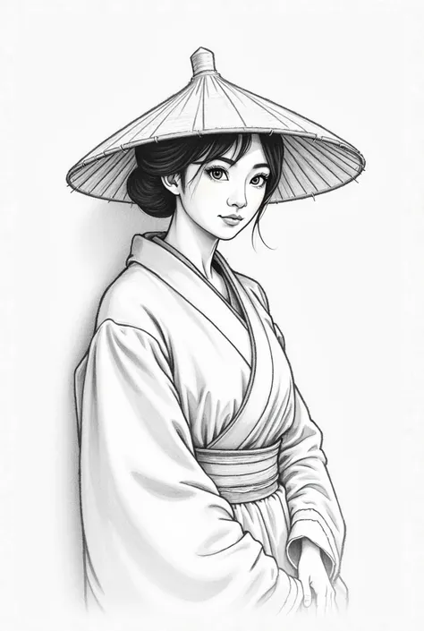 Create a clear black and white pencil sketch of a typical japonese woman without seeing her eyes. The woman is leaning against the wall, wearing a dress and a large hat. DON't show the EYES! The hat goes up to the nose. the woman is looking to the side and...