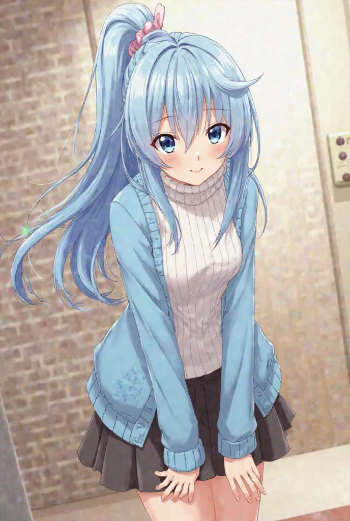 
score 9, score 8 up, score 7 up, source anime, yuki ona yukino, long hair, bangs, blue eyes, hair between eyes, blue hair, ponytail,skirt, long sleeves, black skirt, sweater, turtleneck, ribbed sweater, white sweater, cardigan, blue cardigan, open cardiga...