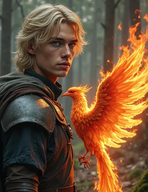 Create a handsome 20-year-old male warrior with blond hair and blue eyes next to a phoenix rising from the fire, against a background of mythical creatures, in the thicket of the forest , is extremely realistic,  detailed,  Masterpiece  