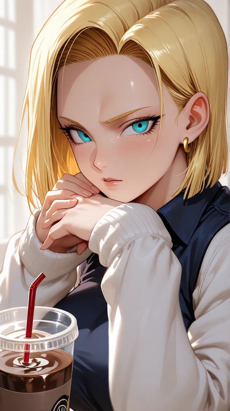 Dragon Ball ,Character Android 18,atmospheric.Gothic.Good drawing of the face.Drinks coffee.