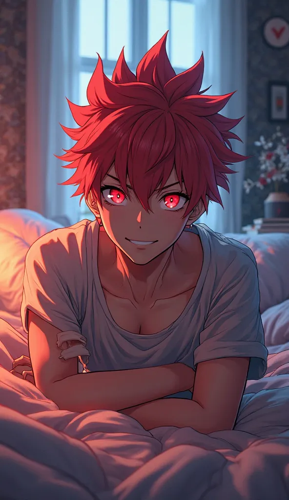 HD, Spiked Hair, Red Eyes, Closed Mouth, Happy, Bedroom, Reflection Light from front, Anime, Anime Style, Man, Full Body Man