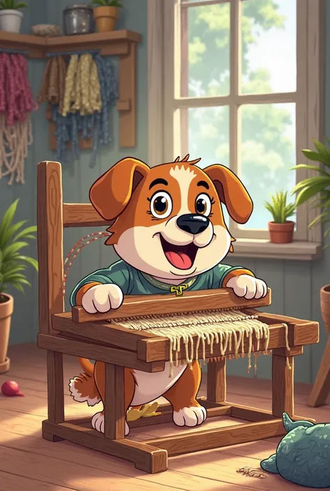 Cartoon drawing of a male dog biting a loom