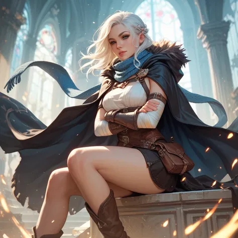 A woman withe White Hair a scarf a cloak and bandages on Arms and legs DARK Fantasy 