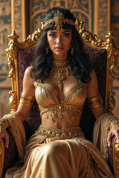 Cleopatra, Queen of Egypt, in a uniquely beautiful outfit  Super sexy, sitting on her throne 