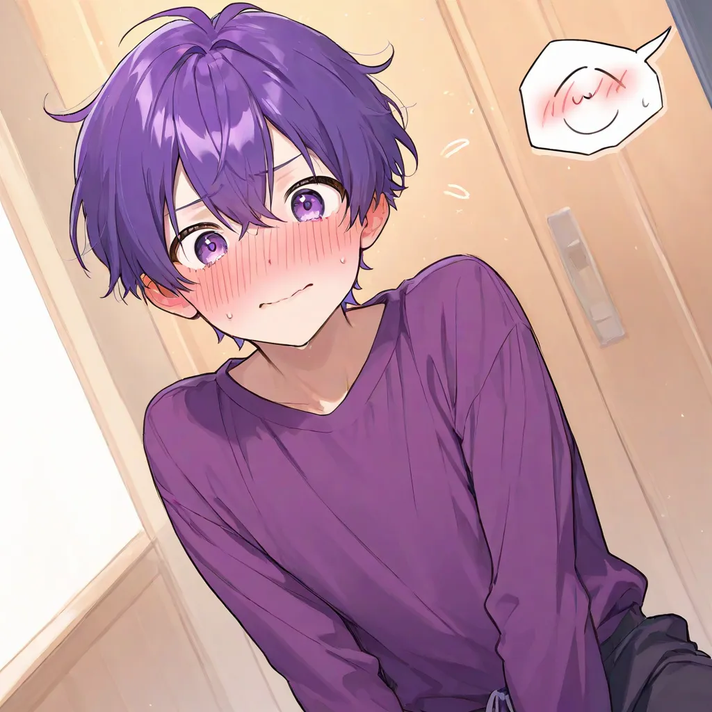 male character、 purple hair 、short hair、embarrassed face、Purple clothes