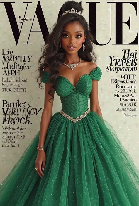 Create the cover of a fashion magazine with Tiana from Disney's real hyperrealistic woman Hyperrealism as the protagonist of the cover and with background texts as if it were a real magazine.  outfit.  hyperrealism. live action magazine. big breasts. Green...