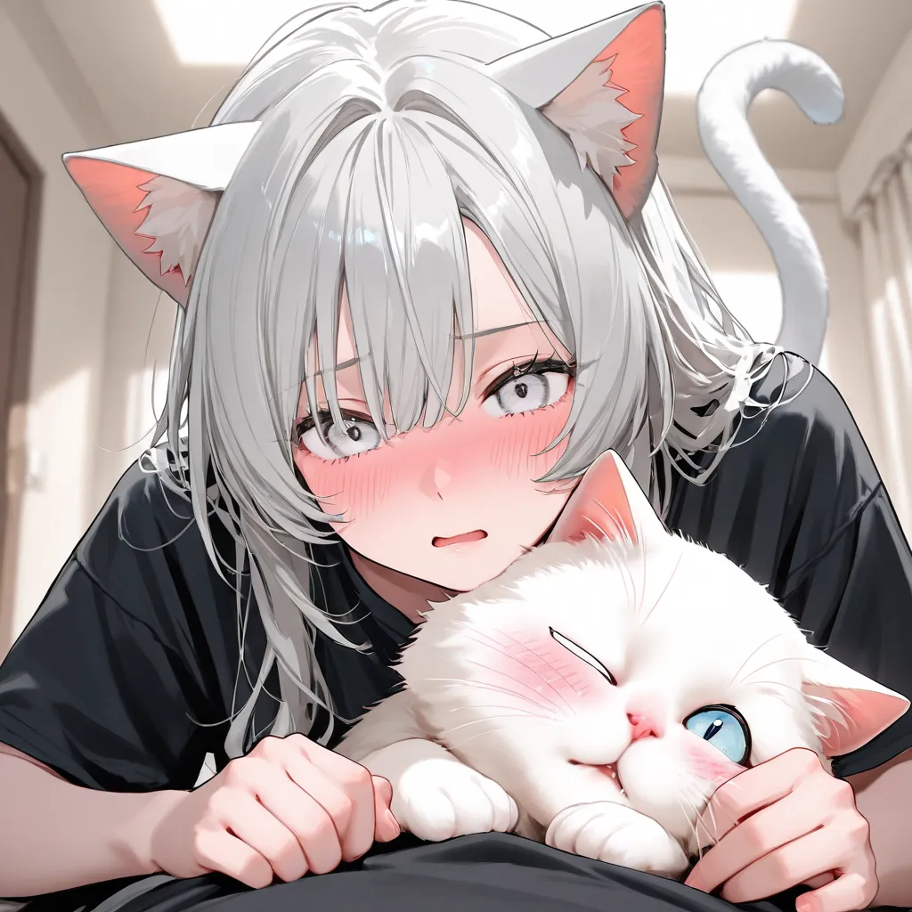 She  is a. girl with gray hair, white eye white cat tail , cat ears, a black shirt very Loose Blushing Acting weak 