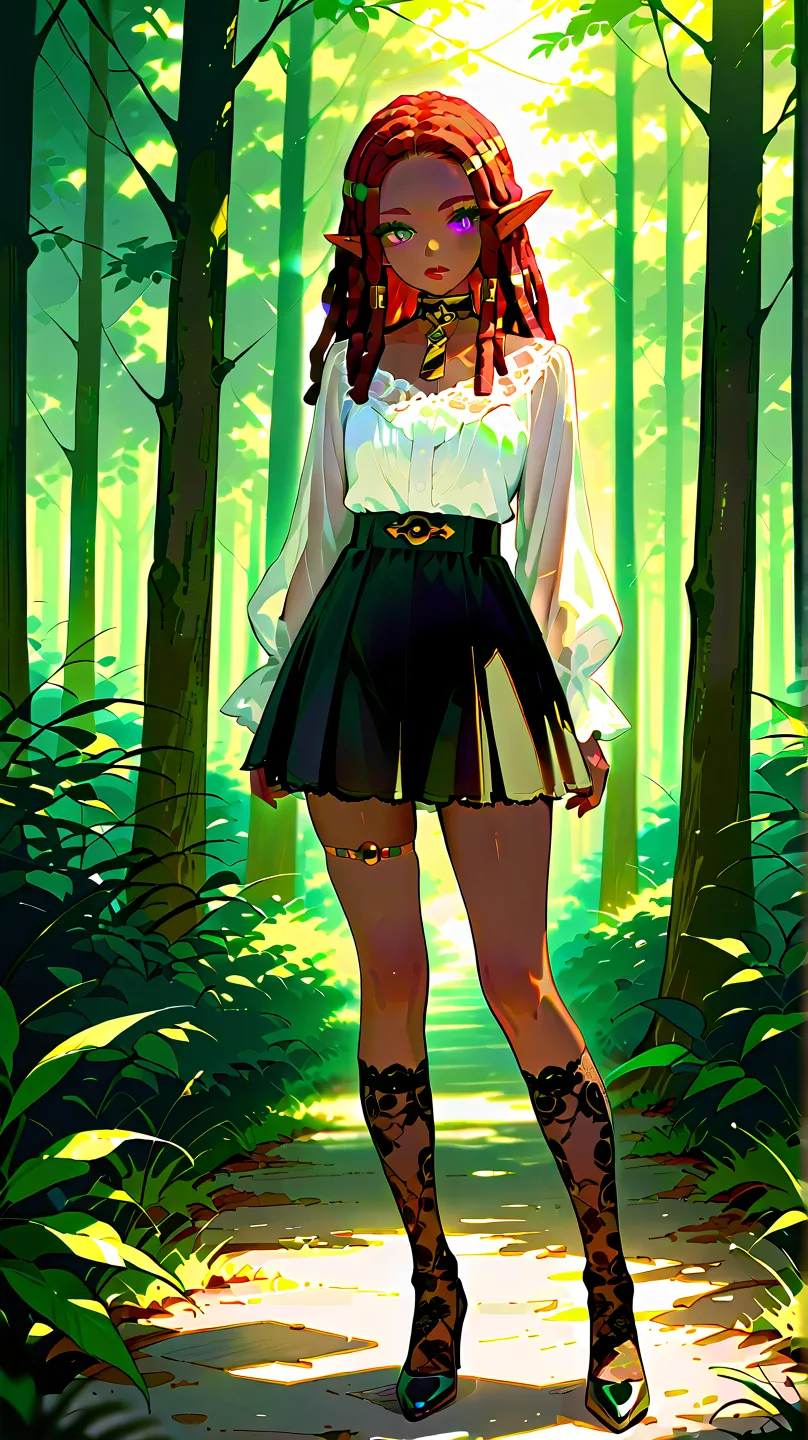 Adult femboy with purple eyes short red dreadlock hair red lips dark skin small green eyes elf ears wearing a white lace blouse dress and long black skirt with black high heels gold collar around the neck thigh-high black lace socks in a forest