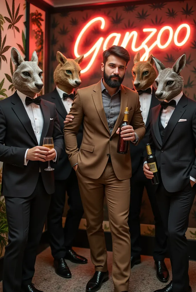 A handsome and well-groomed man wearing a brown leg color slimfit shirt and brown leg slimfit pants is holding a bottle and wine glass, surrounded and blamed by several men in suits with diverse animal heads. Located in a modern VVIP workspace that has a m...