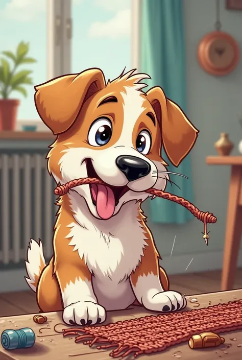 Cartoon drawing of a male dog biting a weaving needle