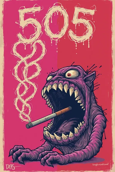 This image features a pink, red and purple background with a stylized, surreal illustration. The artwork depicts a monster-like mouth with clenched teeth, which appears to be exhaling from a cigarette or transforming into swirling, smoke-like shapes (numbe...